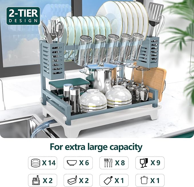 Dish Drying Rack, Rust-Proof 2 Tier Dish Racks - Image 2