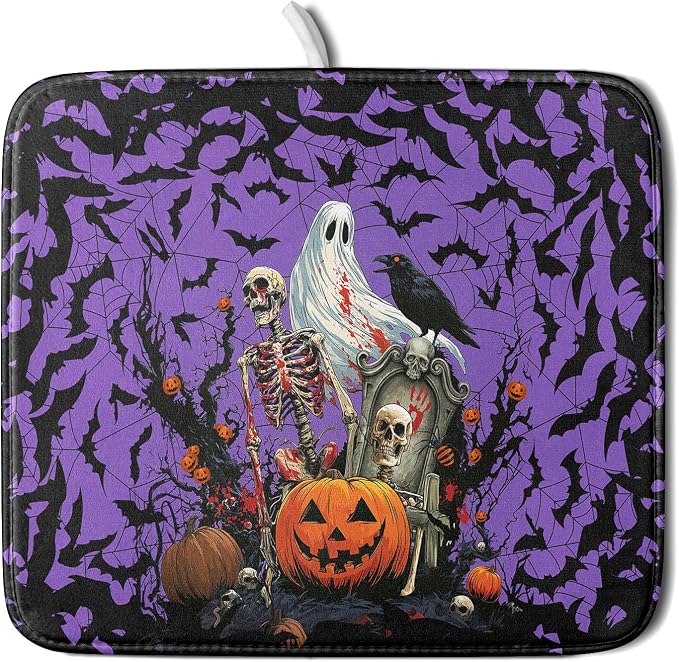 Giwawa Halloween Pumpkin Dish Drying Mat 16x18 inch Spooky Ghost Bat Dish Rack by Giwawa