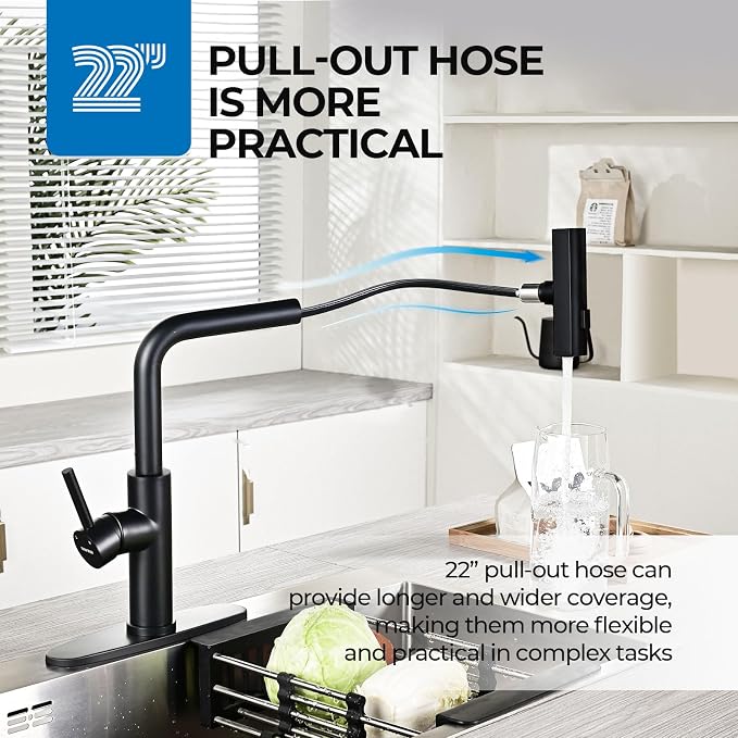 WEWE Waterfall Kitchen Faucet, Pull-Down Sprayer, Matte Black, 3-Mode | Stream - Image 4