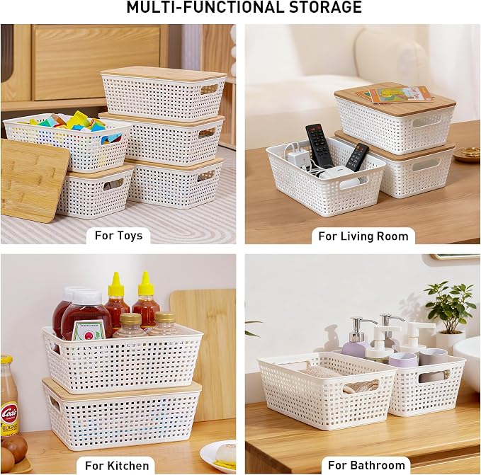 Small Storage Bins with Lids 6 Packs, Plastic Storage Basket with Bamboo Lid - Image 5