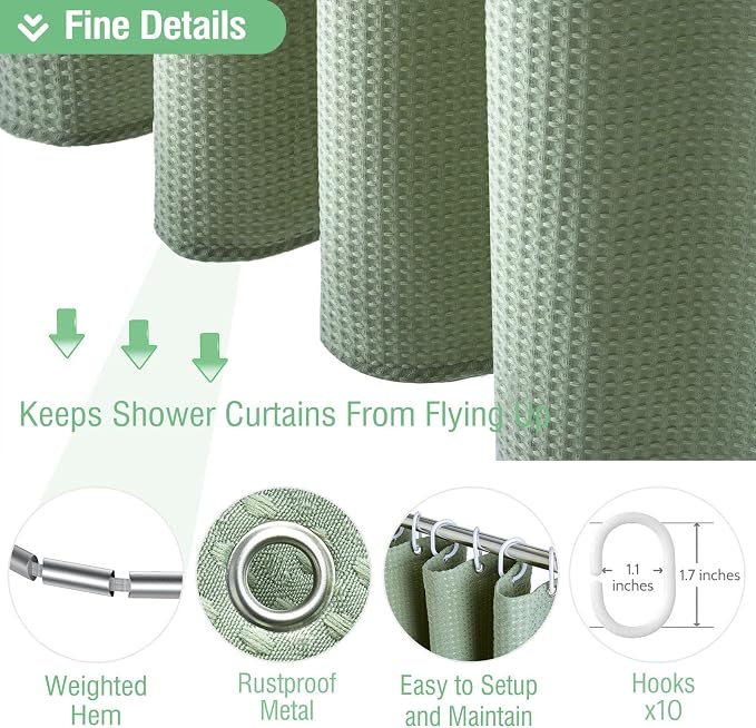 Dynamene Stall Waffle Shower Curtain 256 GSM Heavy Fabric 60x72 Sage Green - Image 4