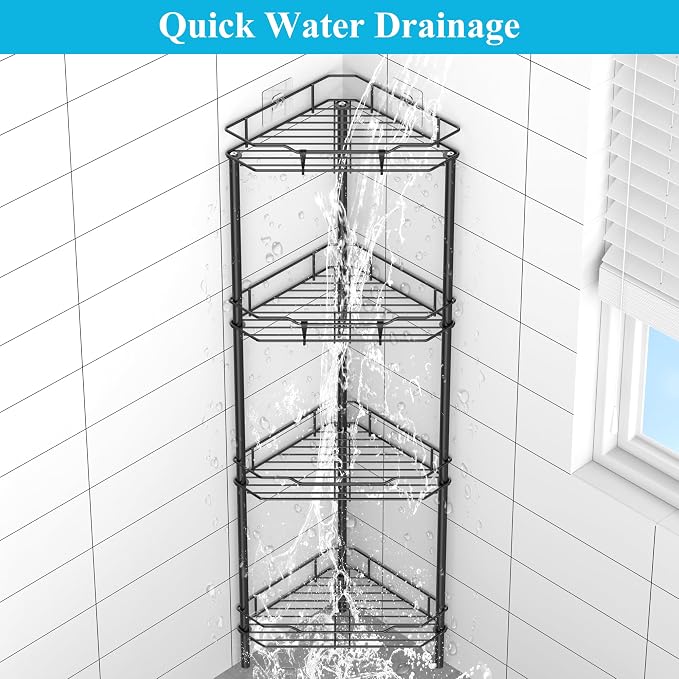 HuggieGems Metal Floor Standing Corner Shower Caddy, Matt Black, 4 Tier - Image 6