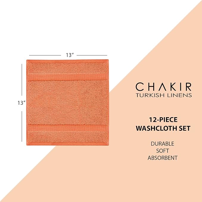 Chakir Turkish Linens 100% Cotton 12-Pack Washcloths 13x13, Coral | Premium - Image 5