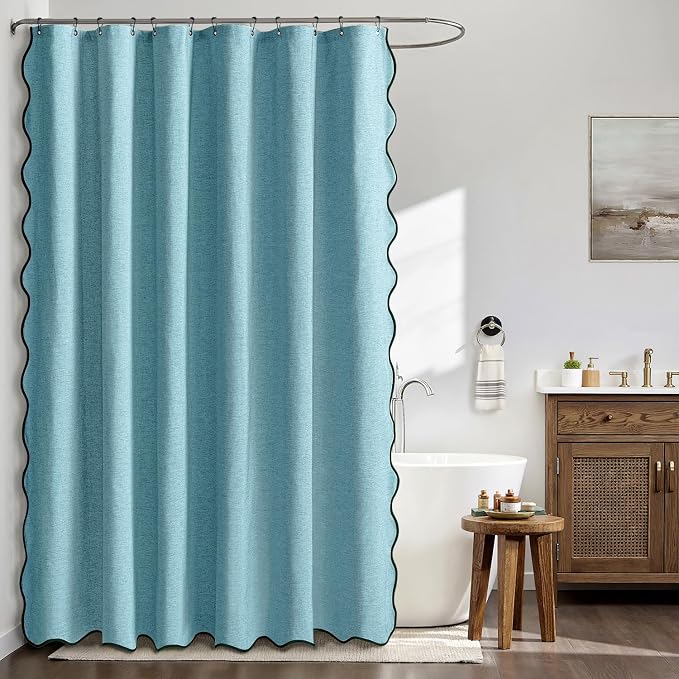 MIULEE Teal Scalloped Linen Shower Curtain 72x72 Inches - Image 3