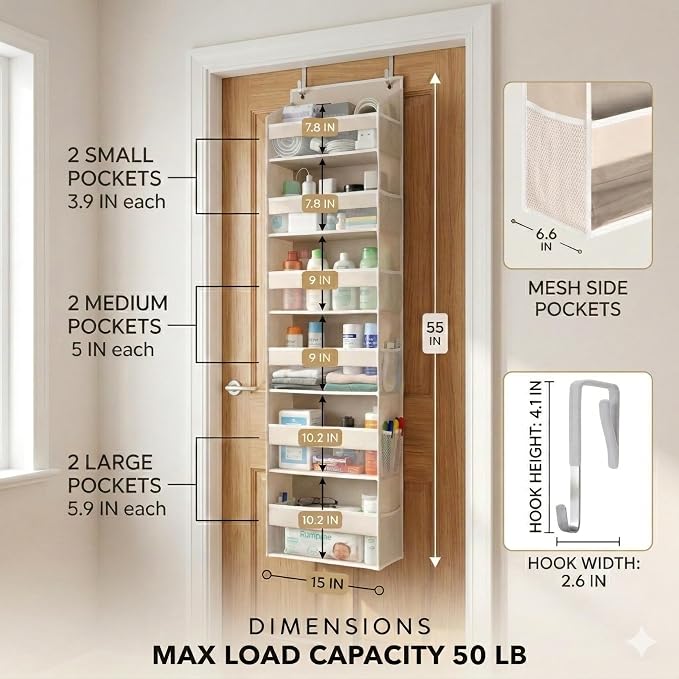 HOMELUX THEORY Over the Door Organizer, 100D Fabric, Ivory 2pc - Image 2