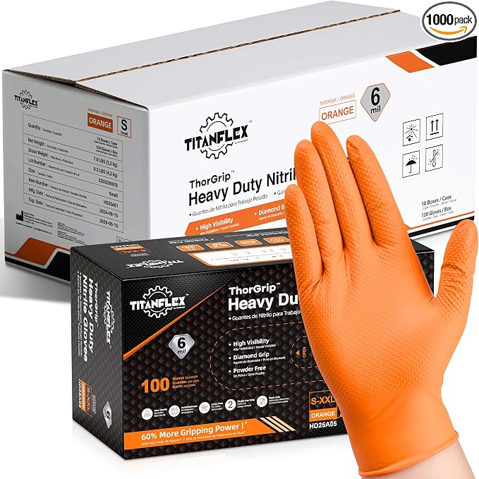 Heavy Duty Orange Nitrile Gloves, 6 Mil, Raised Diamond Texture, Mechanic by TitanFlexDisposableGloves