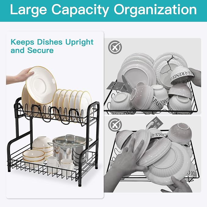 BOOSINY 2 Tier Black Dish Drying Rack and Drainboard - Image 3