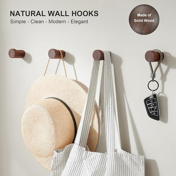Wood Wall Hooks for Hanging, 6 Pack Rustic Coat Hooks Wall Mount, Handmade - Image 2