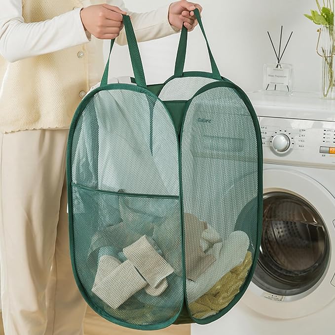 Green Pop Up Laundry Basket, Collapsible Laundry Hamper Space Saving | Foldable - Image 3