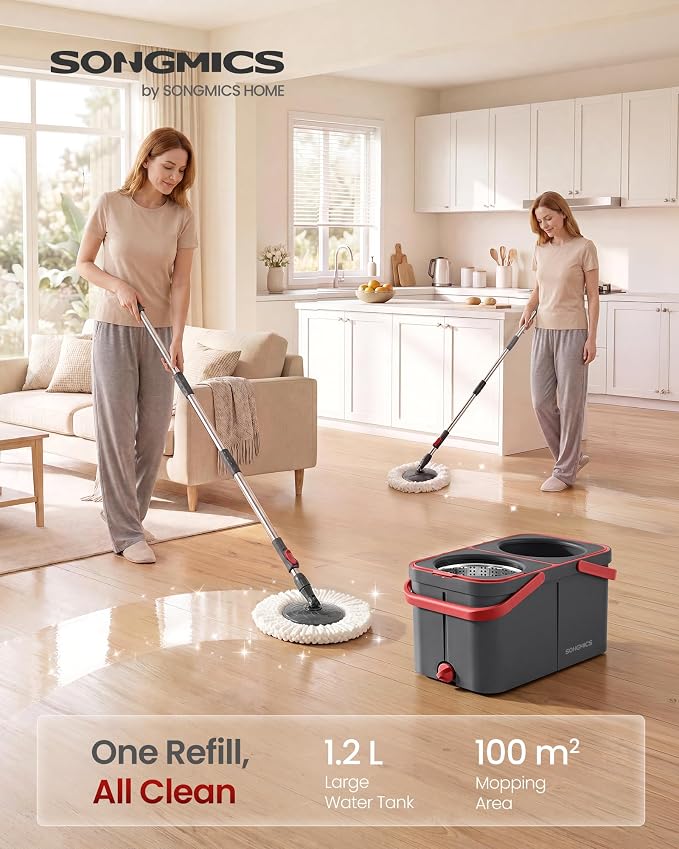 SONGMICS Spin Mop and Bucket Set, 6 Washable Microfiber Mop Heads - Image 2