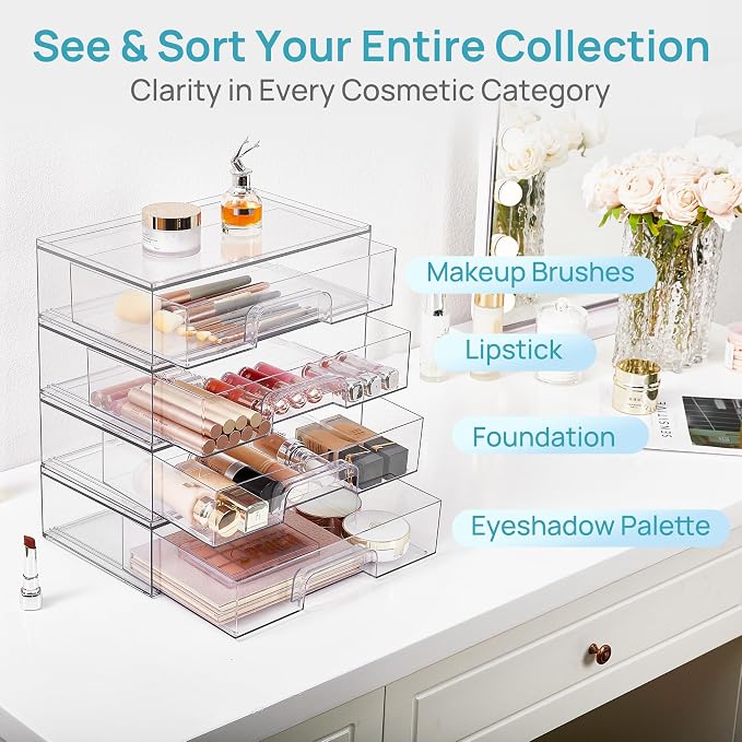 Vtopmart Clear Stackable Storage Drawers, 4 Pack Wide Plastic Organizers | - Image 5