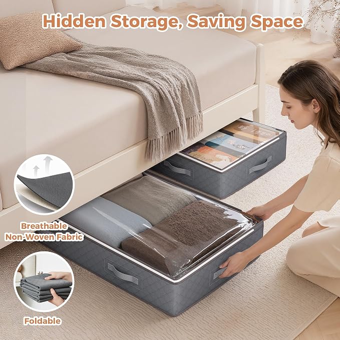 95L Under Bed Storage Containers, 4 Pack Closet Organizers Grey | Foldable - Image 5
