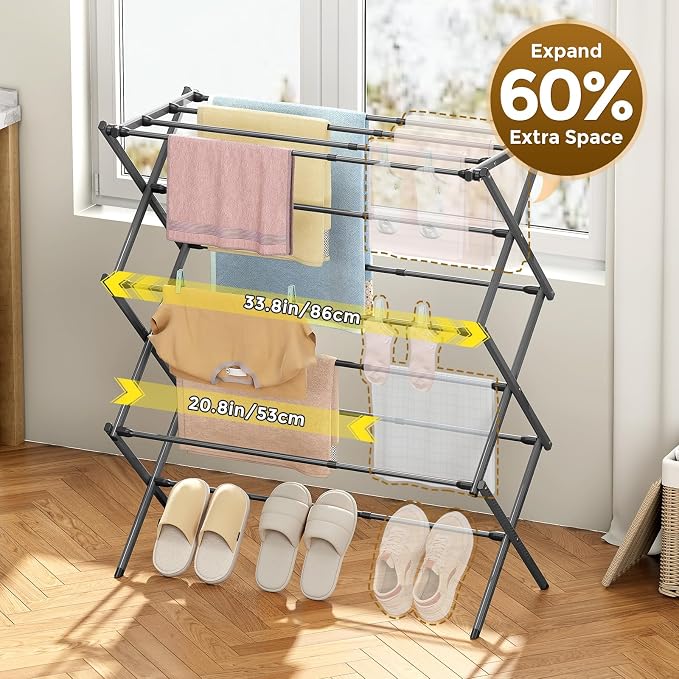 KINGBOARD 3-Tier Extendable Clothes Drying Rack, Small & Foldable, Space-Saving - Image 2