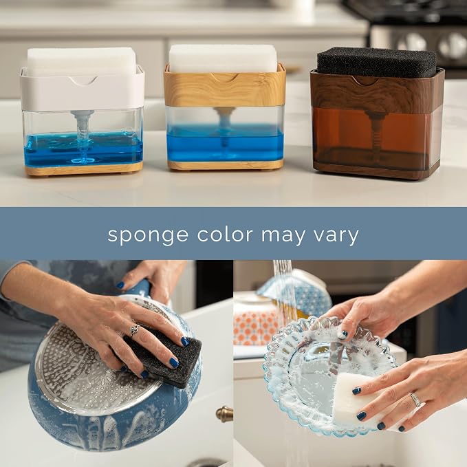 S&T INC. Dish Soap Dispenser and Sponge Holder, Plastic Bamboo | Patented Design - Image 6