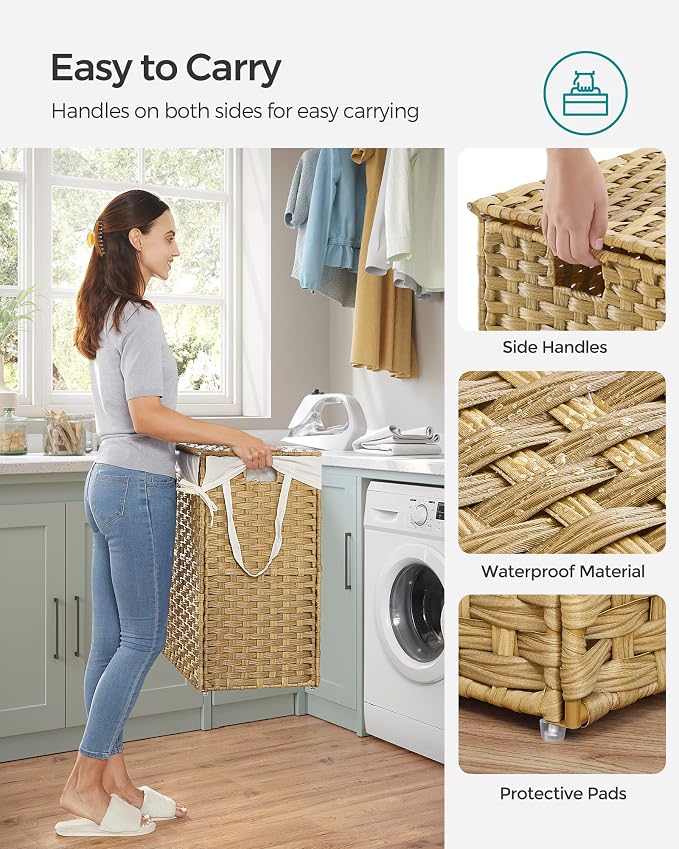 SONGMICS Laundry Hamper with Lid, 110L Double Wicker Basket, 6 Mesh Bags - Image 7