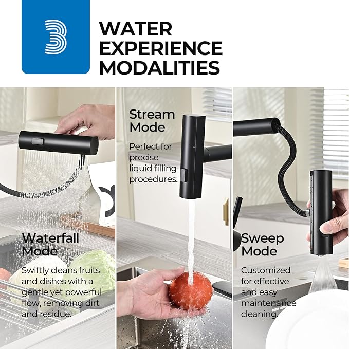 WEWE Waterfall Kitchen Faucet, Pull-Down Sprayer, Matte Black, 3-Mode | Stream - Image 3