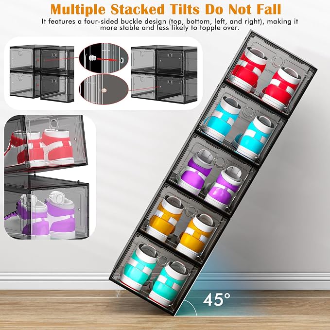 ARSTPEOE 6-Pack Black Shoe Storage Boxes Magnetic Stackable - Image 3