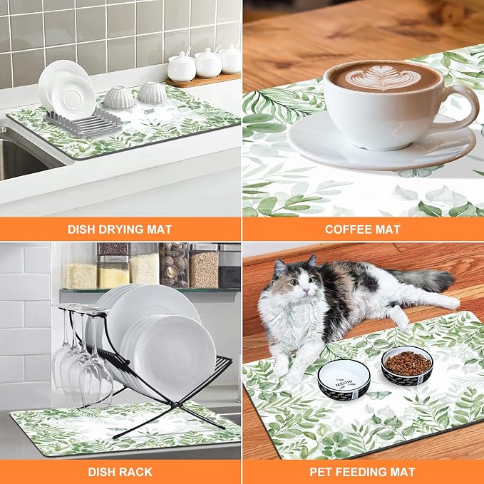 LOKHOM 17"x32" Dish Drying Mat， Green Plant Coffee Mat | Floral Butterfly Prints - Image 7