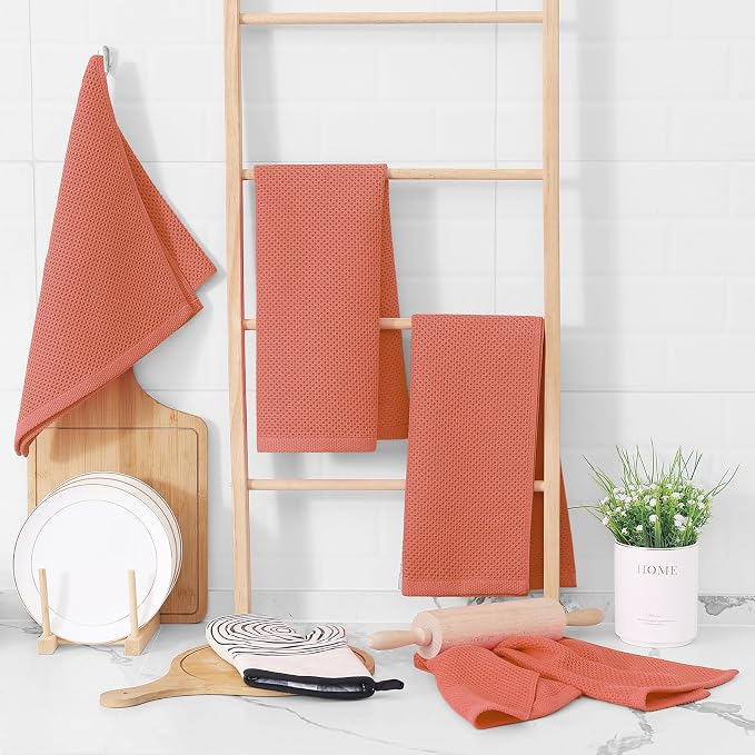 Homaxy 100% Cotton Waffle Weave Kitchen Dish Towels 4-Pack, Coral | 13 x 28 - Image 6