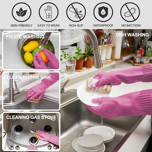 Rubber Dishwashing Gloves, Non-Slip Kitchen, 3 Pairs | Korean natural latex - Image 3