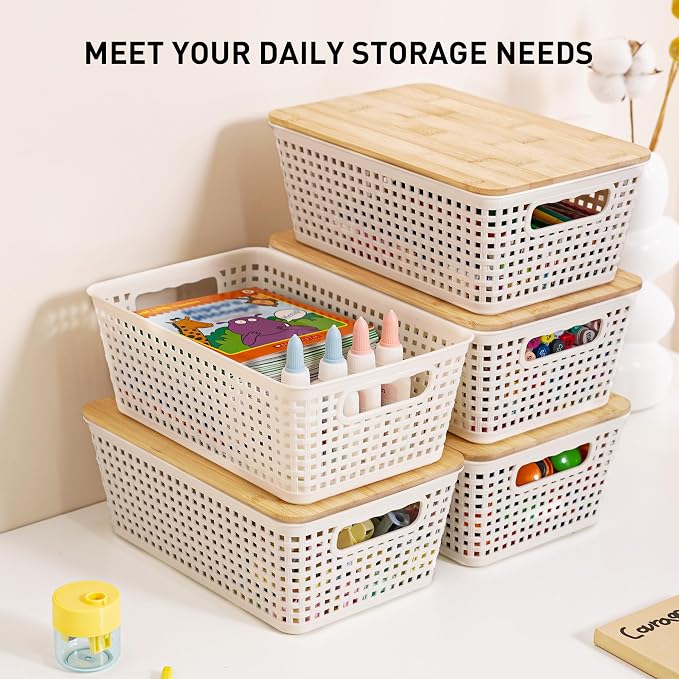 Small Storage Bins with Lids 6 Packs, Plastic Storage Basket with Bamboo Lid - Image 3