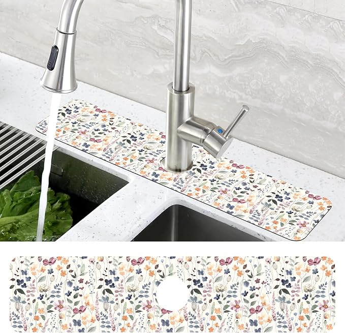 Vintage Watercolor Floral Kitchen Sink Splash Guard Mat Absorbent Fast Drying - Image 4