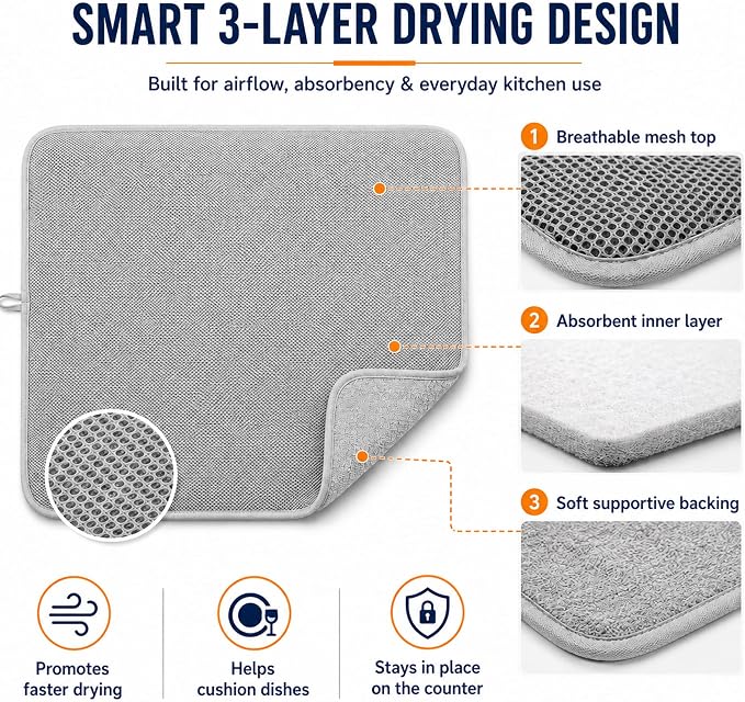 Dish Drying Mat 24 x 17 in, Large Microfiber Drying Mats, Absorbent Quick Dry - Image 5