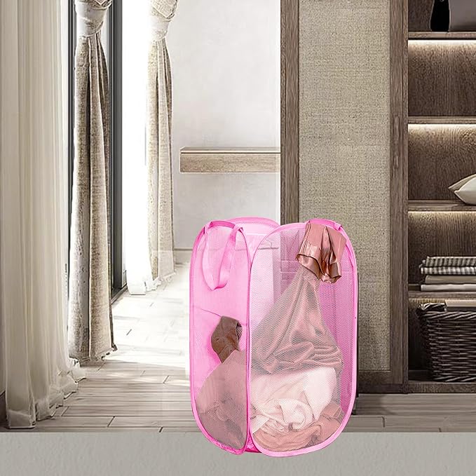 Portable Mesh Pop Up Laundry Hamper Reinforced Pink Vertical Collapsible - Image 4