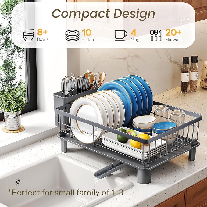 SNTD Dish Drying Rack for Small Kitchen Counter, Rotating Spout & Angled - Image 3