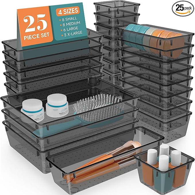 25 PCS Drawer Organizer Set, 5 Size Bathroom and kitchen organizer Trays | by StorMiracle