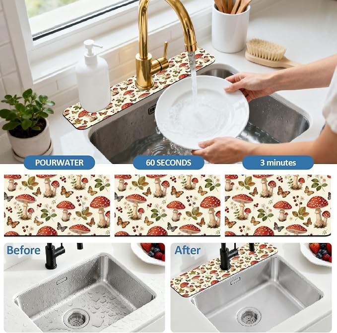 2 Pcs Plants and Mushrooms Kitchen Sink Splash Guard Faucet Mat Leaves - Image 5