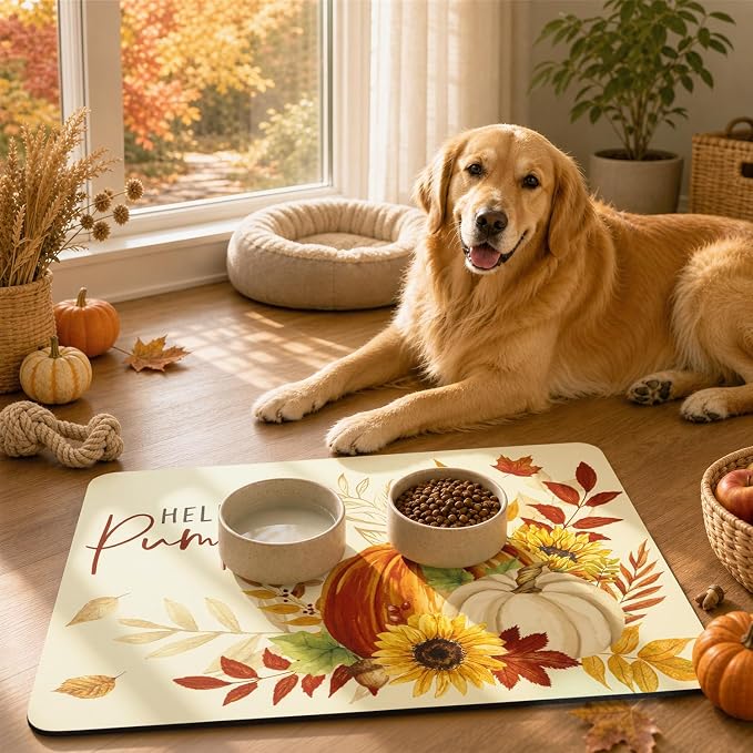 LOKHOM 18"x24" Fall Dish Drying Mat，Autumn Harvest Hello Pumpkin Sunflower | - Image 5