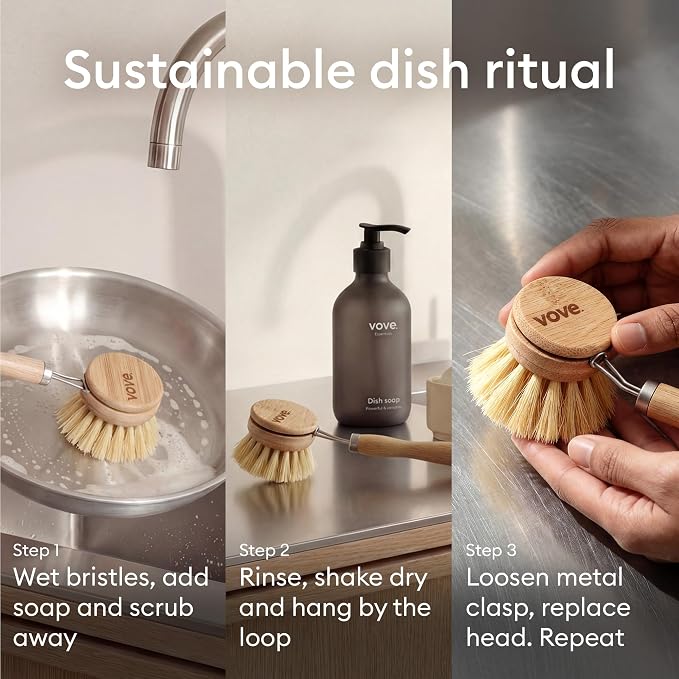 Bamboo Dish Brush with 3 Replacement Heads, Plastic-Free Kitchen Scrub Brush - Image 8