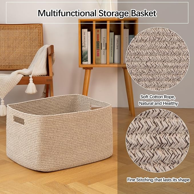 OIAHOMY 75L Large Blanket Basket Woven Cotton Rope Storage Basket Brown - Image 8