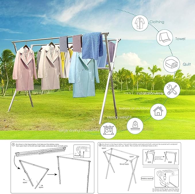 Premium Stainless Steel Clothes Drying Racks 81.5-83 Inches Heavy Duty Drying - Image 2