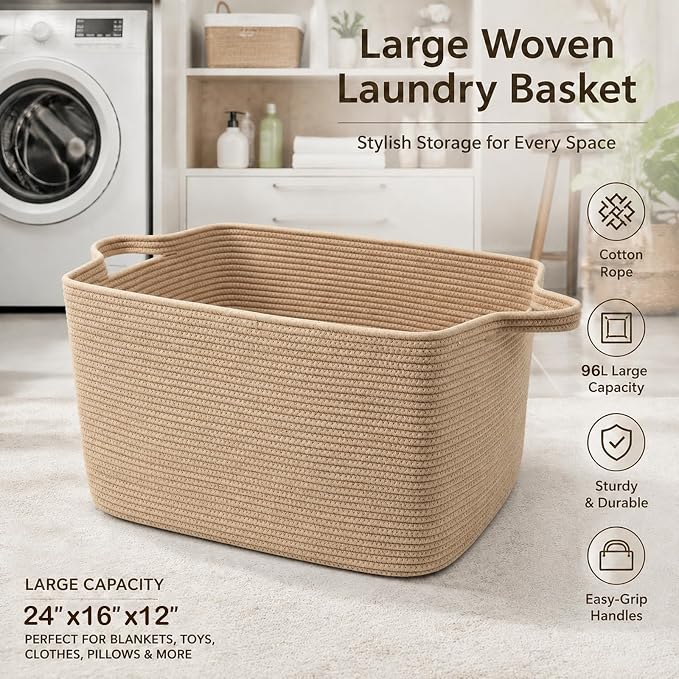 96L Woven Laundry Basket with Handles, Extra Blanket Basket - Image 5