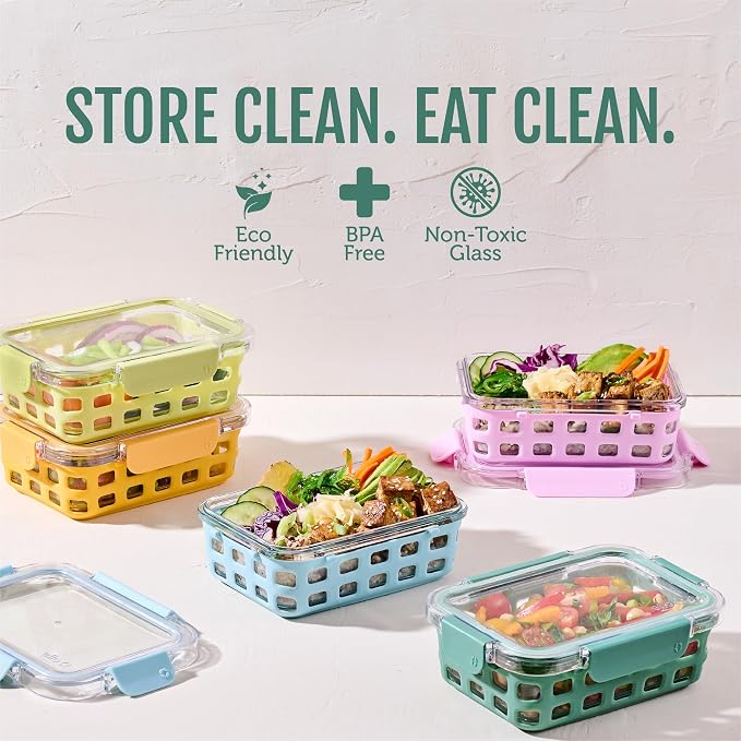 Ello Duraglass 3.4 Cup Glass Meal Prep Containers, 5 Pack, Meadow | Glass meal - Image 2
