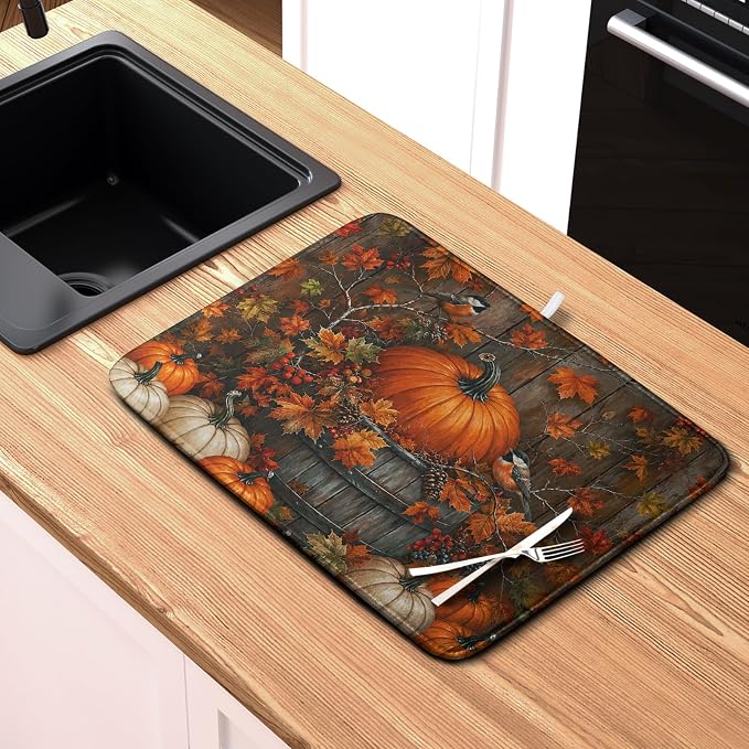 Fall Dish Drying Mat for Kitchen Counter 16x18 Autumn Pumpkin Maple Leaves - Image 6