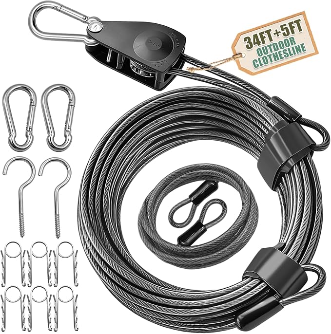 NAZOU Outdoor Retractable Clothesline, 3/16" Coated Steel Wire Rope by NAZOU