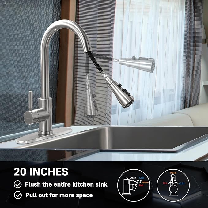 WEWE High-Arc Pull-Down Kitchen Faucet, Brushed Nickel, 3-Mode Sprayer | Soft - Image 7
