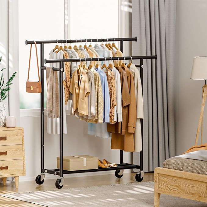 HYSEYY Clothes Rack, Double Rods Rolling Clothing Rack - Image 8