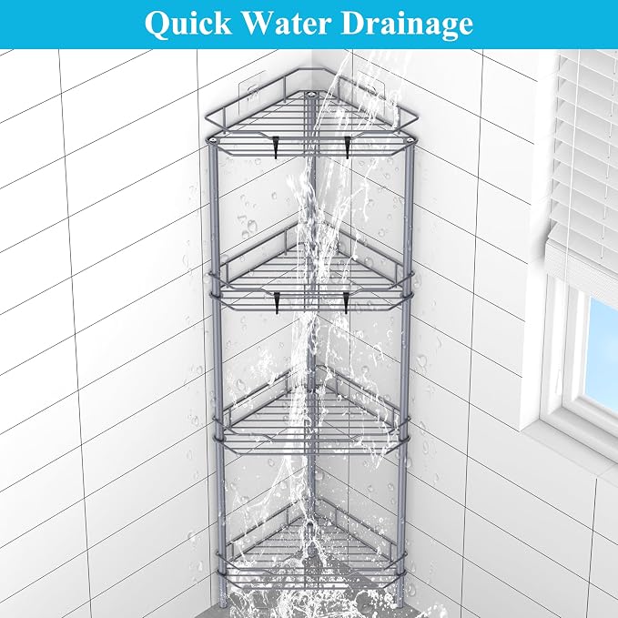 HuggieGems Metal Floor Standing Corner Shower Caddy, Dark Gray, 4 Tier - Image 6