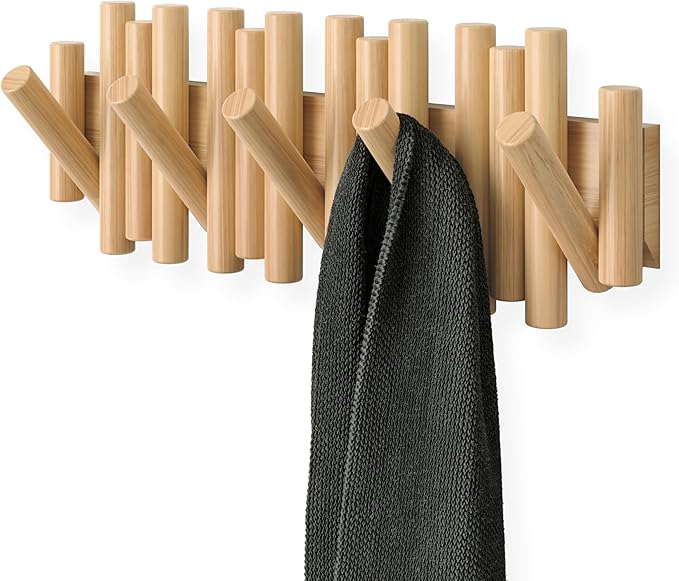 Umbra Picket Coat Rack, Wall Mount 5 Flip-Down Coat Hooks, Natural | Beveled by Umbra