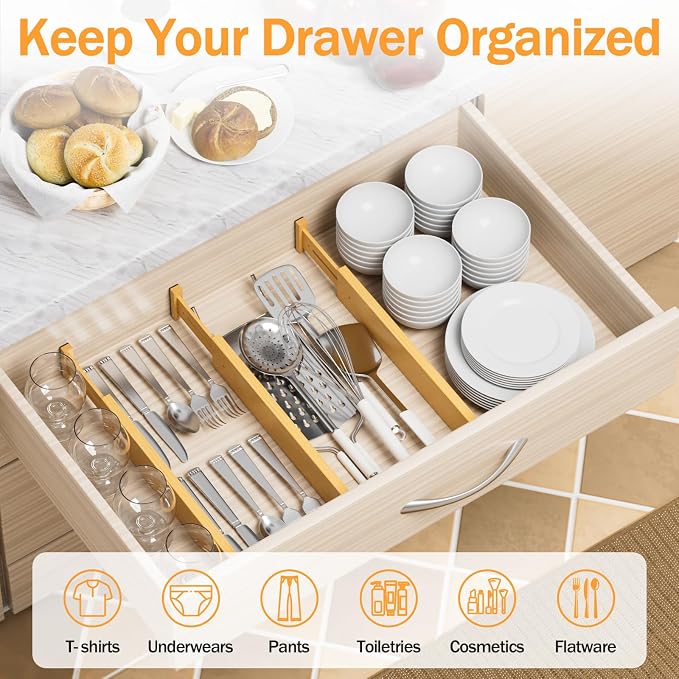 Bamboo Drawer Dividers Organizers, 2.56" High, 6 Pack | Expandable Separators - Image 3