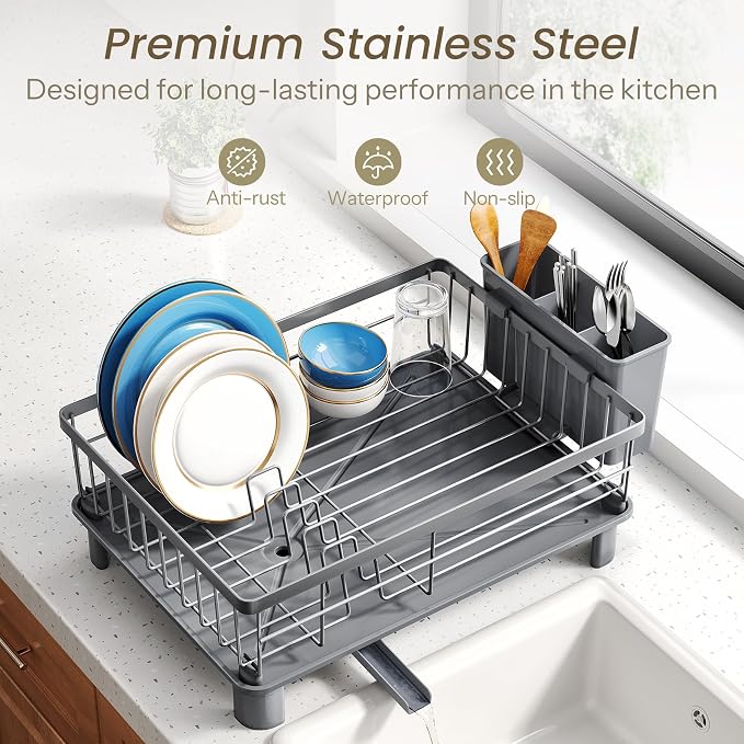 SNTD Dish Drying Rack for Small Kitchen Counter, Rotating Spout & Angled - Image 5