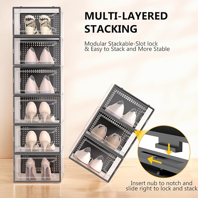 12 Pack Large Stackable Clear Plastic Shoe Storage Boxes Organizer - Image 3