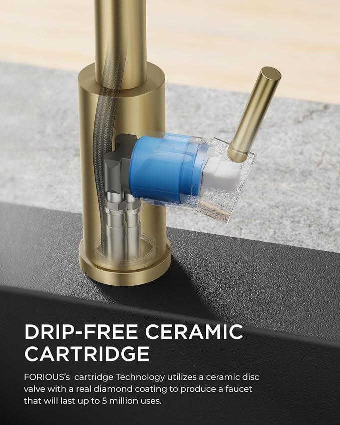 FORIOUS Gold Kitchen Sink Faucet, Pull Down Sprayer, Classic High Arc | - Image 7