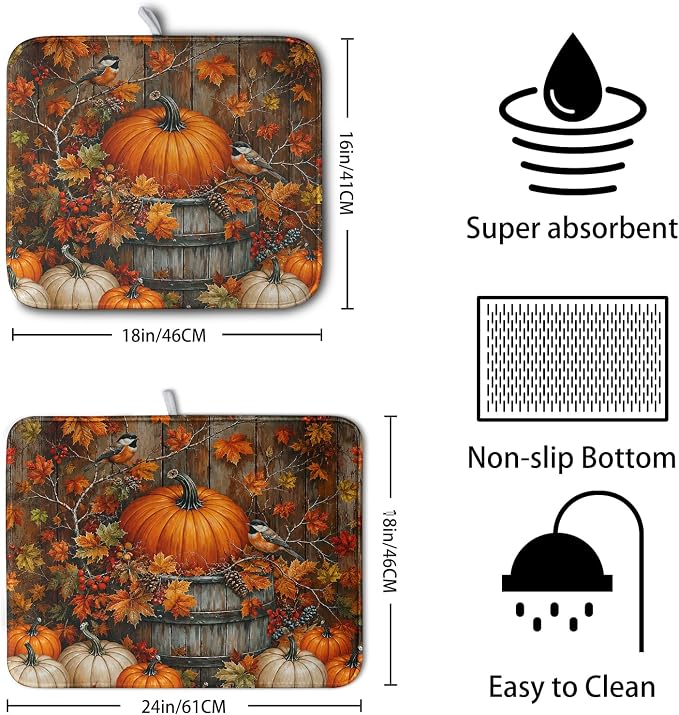 Fall Dish Drying Mat for Kitchen Counter 16x18 Autumn Pumpkin Maple Leaves - Image 2