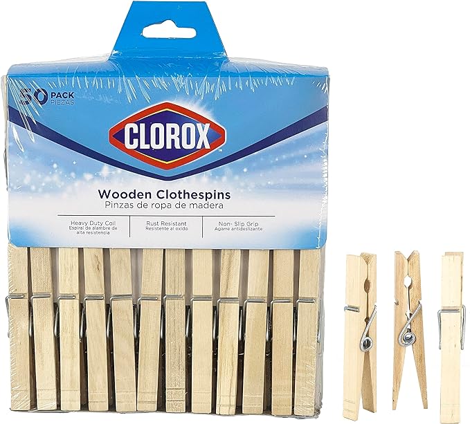 Clorox Wood Clothespins with Spring – Value Pack Set of 50 | Rust Resistant by Clorox