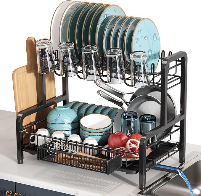 BOOSINY 2 Tier Black Stainless Steel Dish Drying Rack by Boosiny